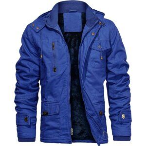 Mens Royal Blue Thick Winter Jacket Hooded Fleece Lined Cotton Military Coat